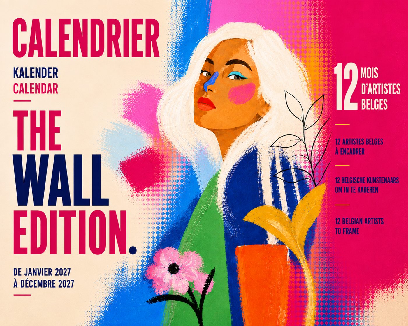 Couverture du calendrier The Wall Edition 2027 : un portrait peint aux couleurs vives, titre en rose et bleu marine